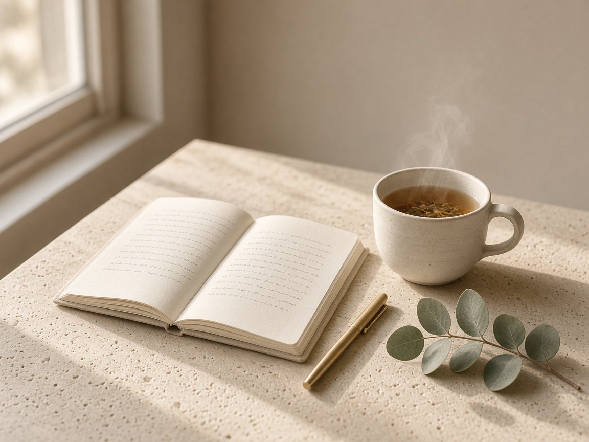 Notizbuch, Tee und Eukalyptus auf einem Tisch im Morgenlicht